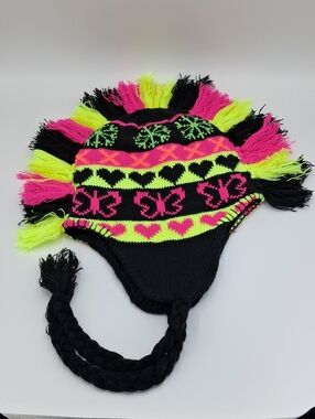 Neon Pink & Yellow Heart-Butterfly Earflap Lined Beanie Hat